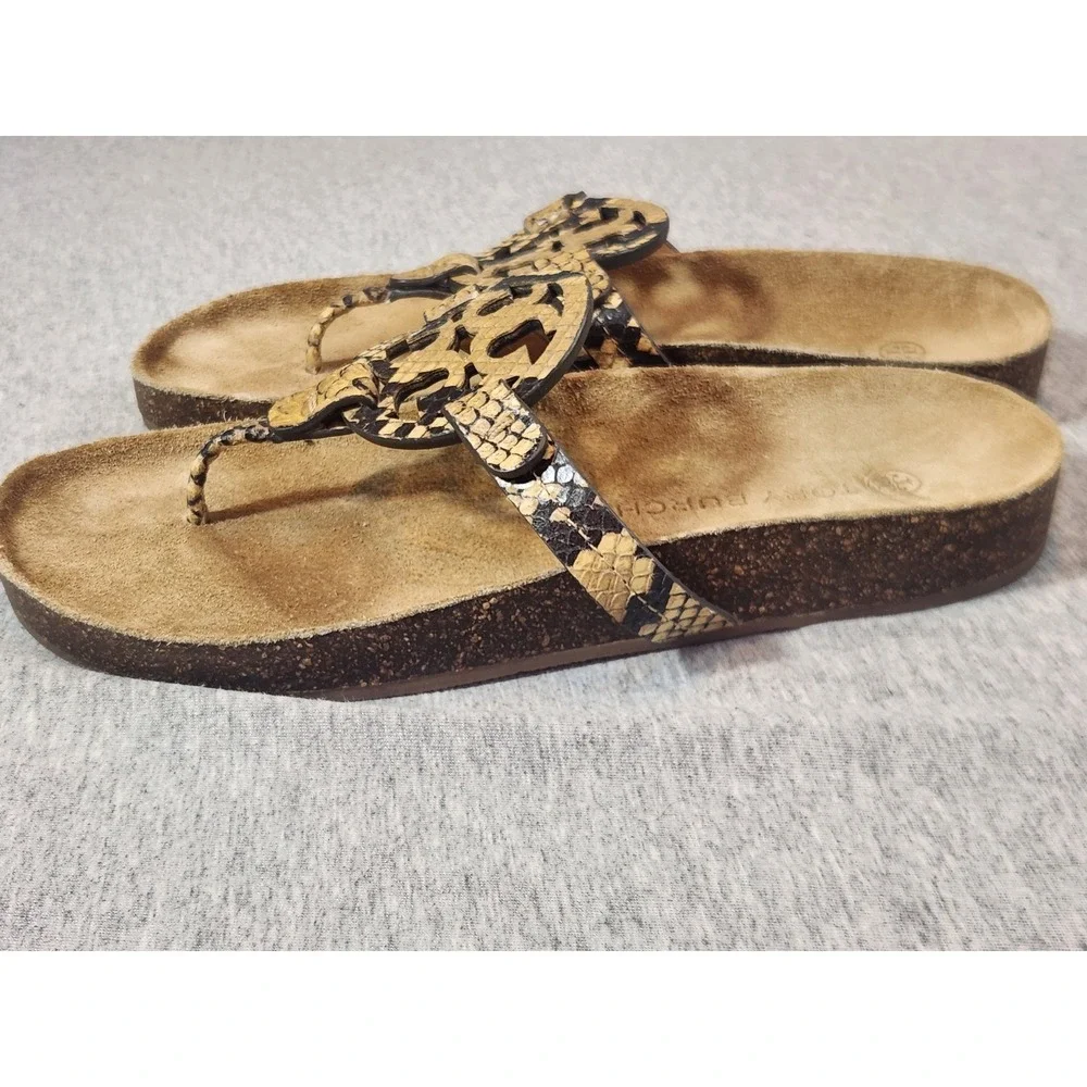 Tory Burch Miller Cloud Snakeskin Leather Thong Sandals Tan Black Womens 8